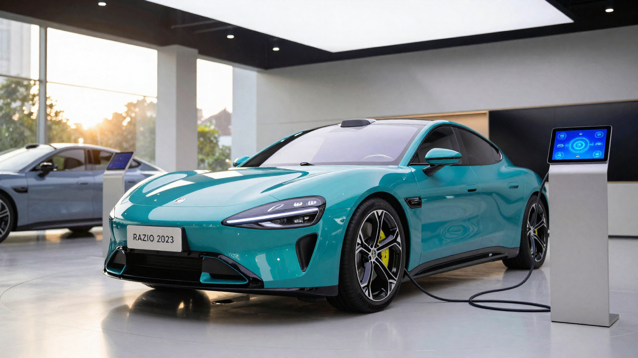 Carro elétrico azul turquesa a ser carregado numa sala de exposição moderna com iluminação natural.