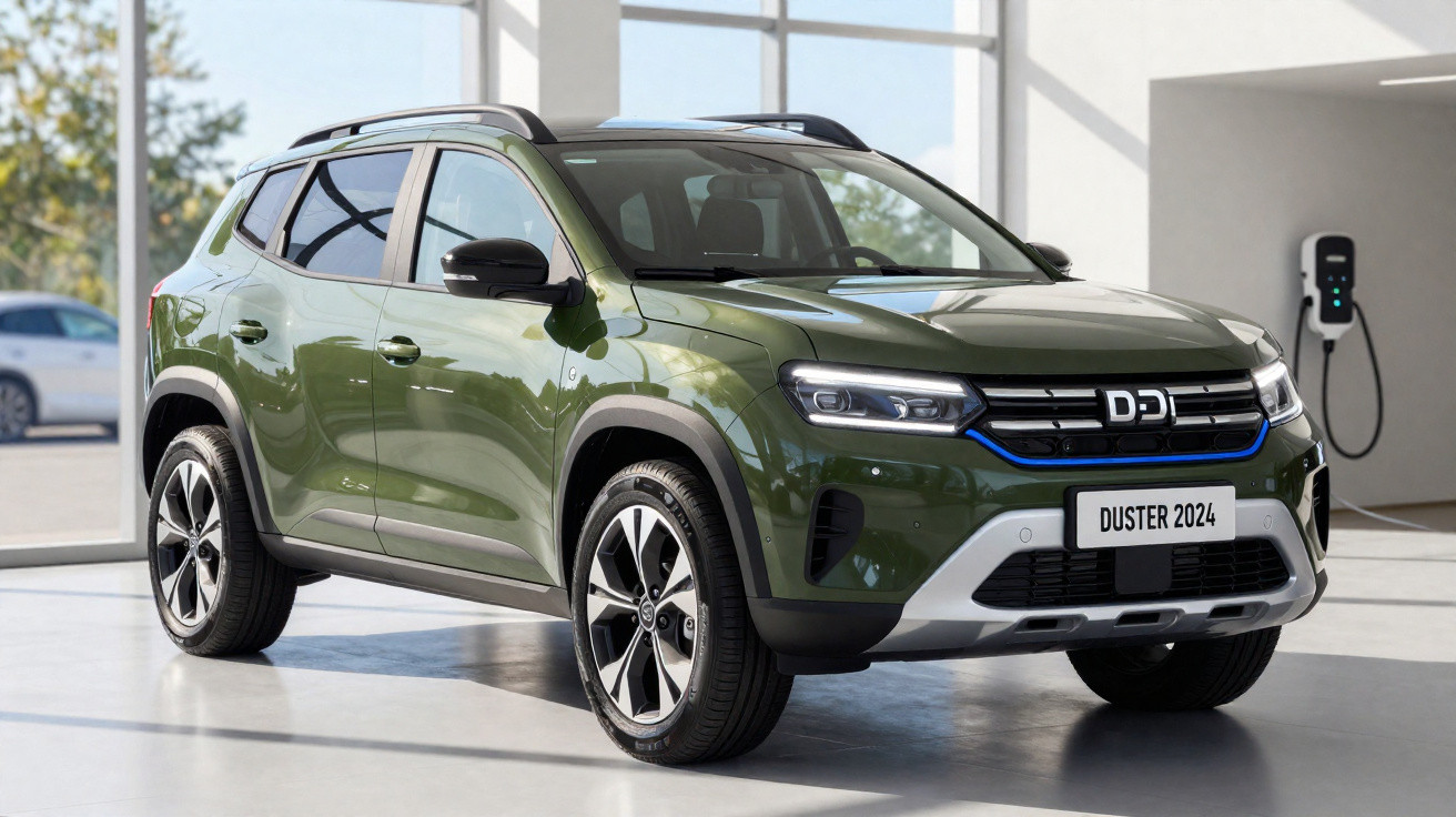 Carro SUV verde Duster 2024 estacionado em garagem com carregador elétrico na parede.