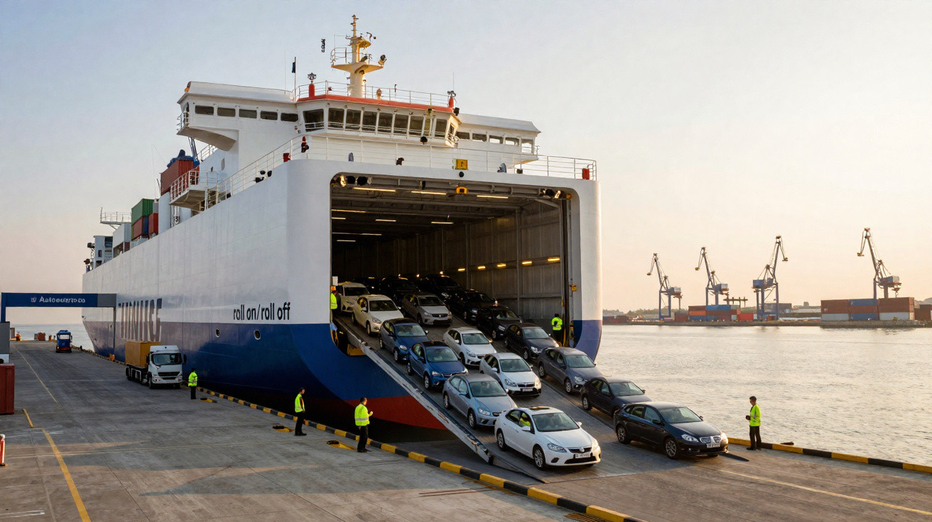 Navio de transporte de automóveis a descarregar carros no cais de um porto ao pôr do sol.