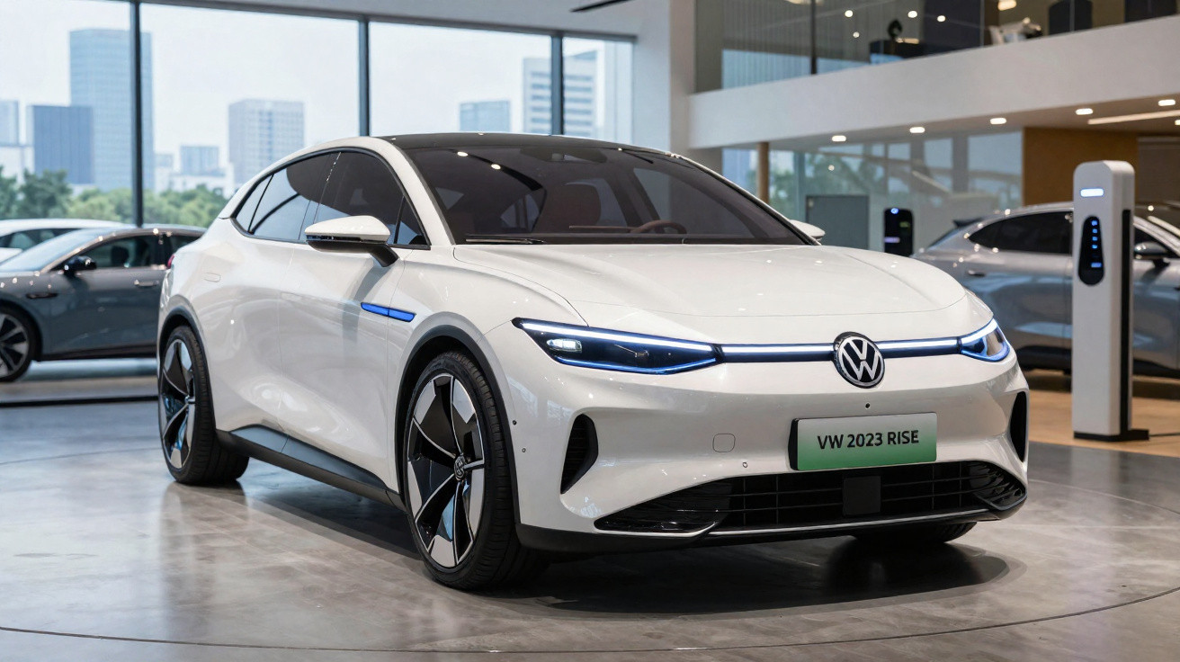 Carro elétrico branco Volkswagen 2023 Rise exposto numa sala de exposições moderna com janelas grandes.