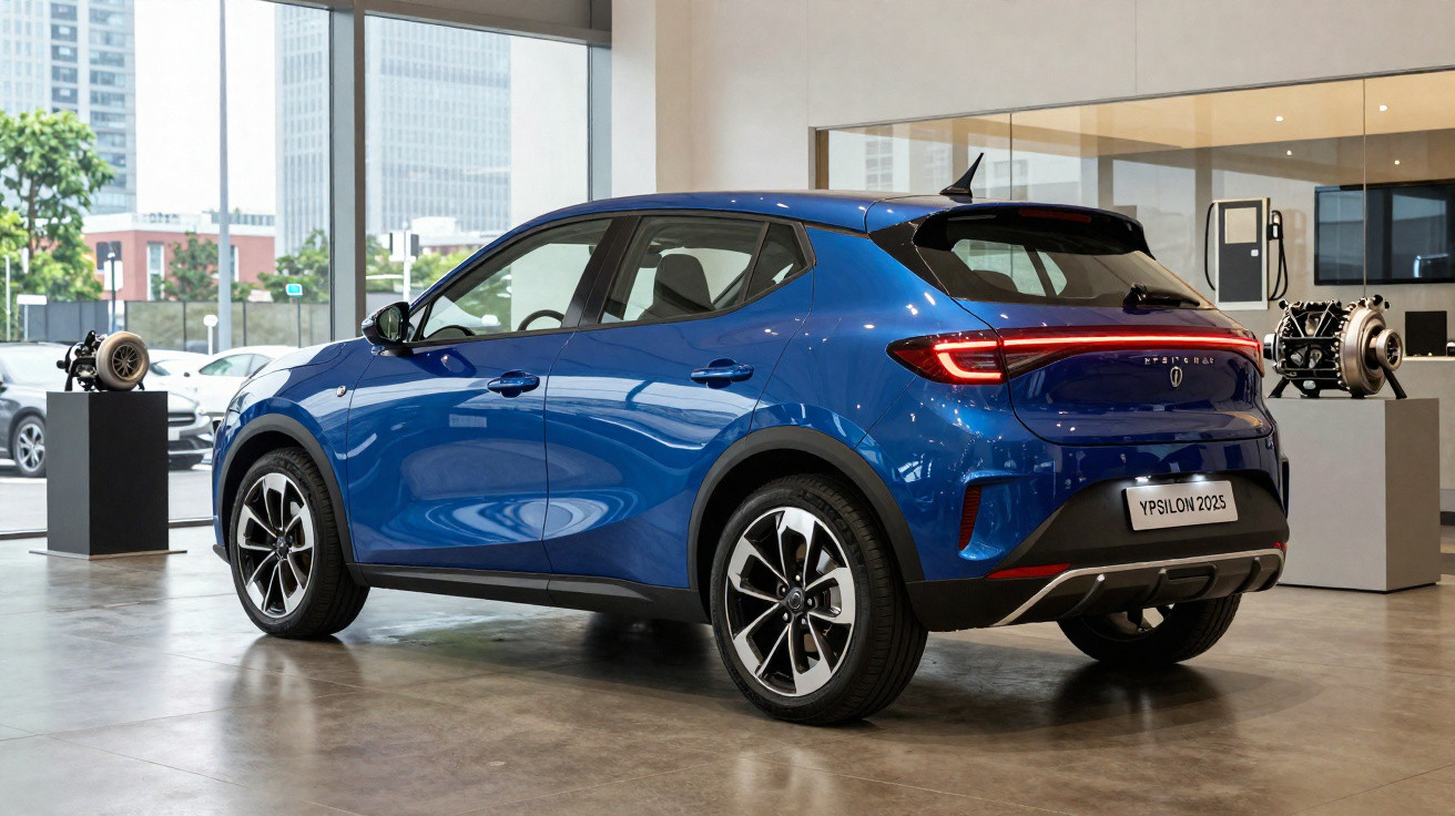 Carro elétrico azul Ypsilon 2025 exposto num salão moderno com grandes janelas e motor em exposição.