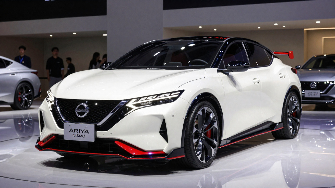 Carro Nissan Ariya Nismo branco com detalhes em vermelho exposto em salão automóvel.