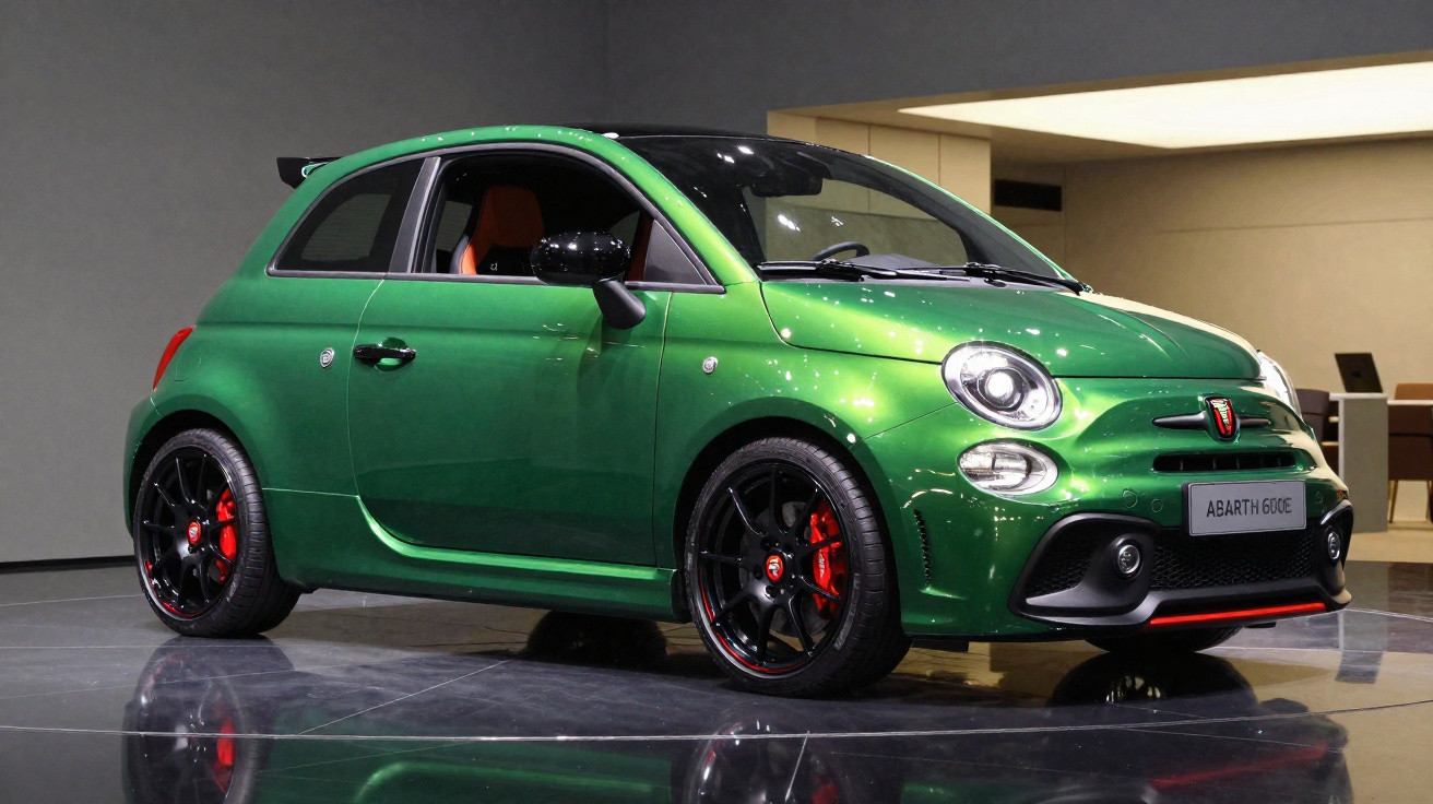 Carro desportivo compacto verde com detalhes pretos e vermelhos em exposição interior.