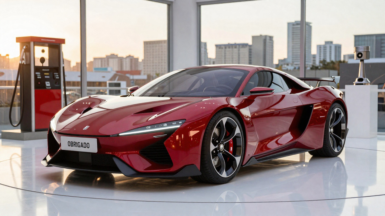 Carro desportivo vermelho brilhante estacionado em espaço moderno com bomba de combustível ao fundo.