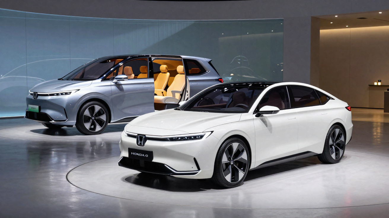 Dois carros Honda elétricos modernos, um cinzento com portas abertas e interior bege e outro branco com design desportivo.