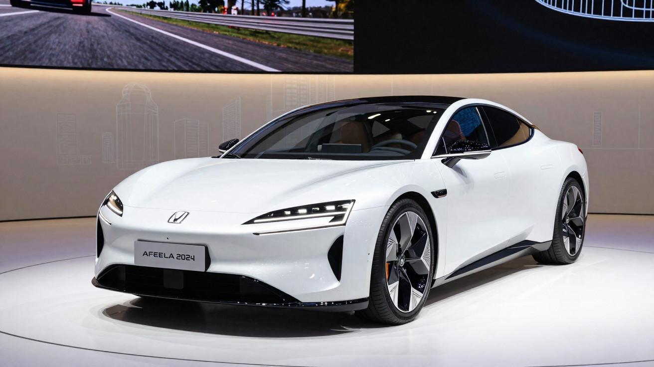 Carro elétrico desportivo branco Honda Afeela 2024 em exposição, com design moderno e aerodinâmico.