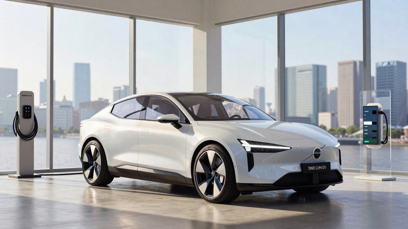 Carro elétrico Volvo branco estacionado num espaço interior moderno com janelas grandes para a cidade.