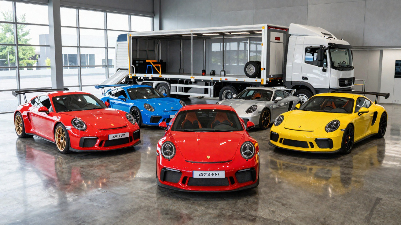 Quatro carros desportivos Porsche GT3 em cores vermelha, azul, prata e amarela em garagem com camião branco ao fundo.