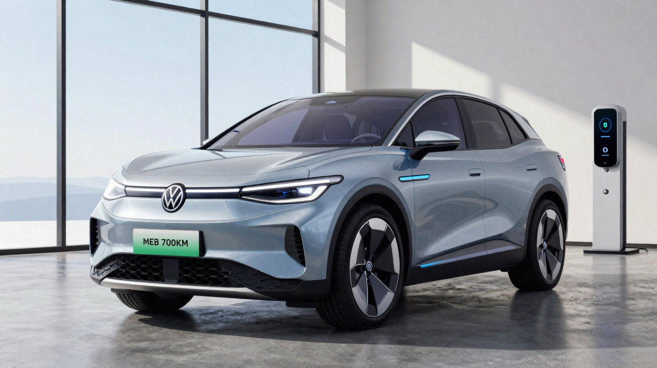 Carro elétrico Volkswagen cinza estacionado junto a posto de carregamento numa garagem moderna com grandes janelas.
