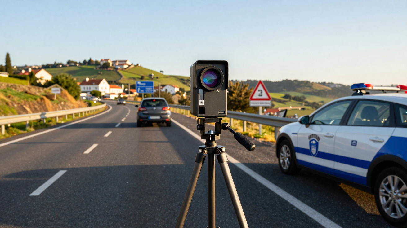 Radar de controlo de velocidade montado numa estrada com viatura policial estacionada junto.