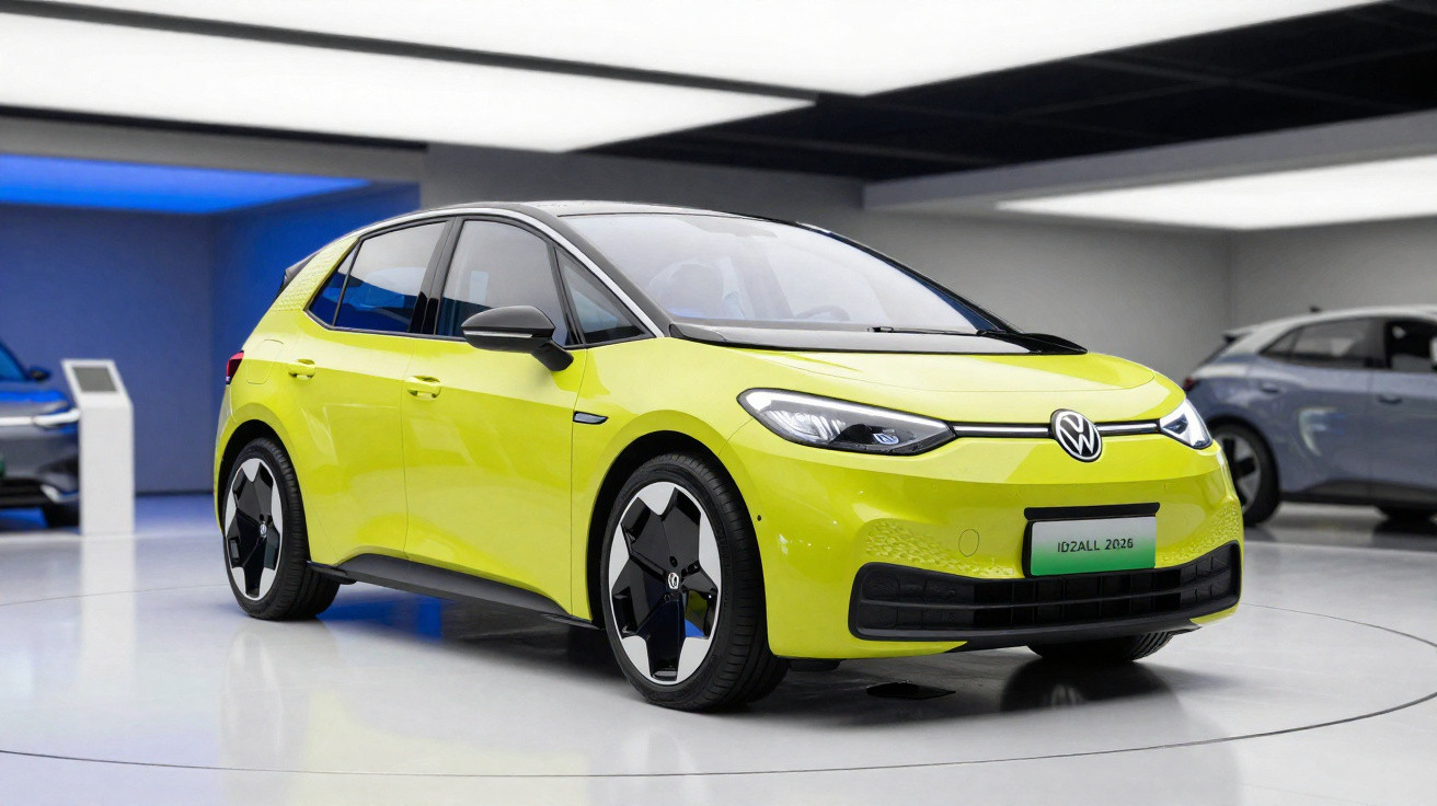 Carro elétrico Volkswagen ID.2ALL amarelo exposto em sala de showroom moderna e iluminada.