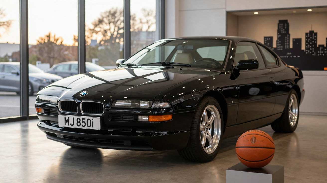 Carro BMW preto clássico estacionado em interior com bola de basquetebol ao lado.