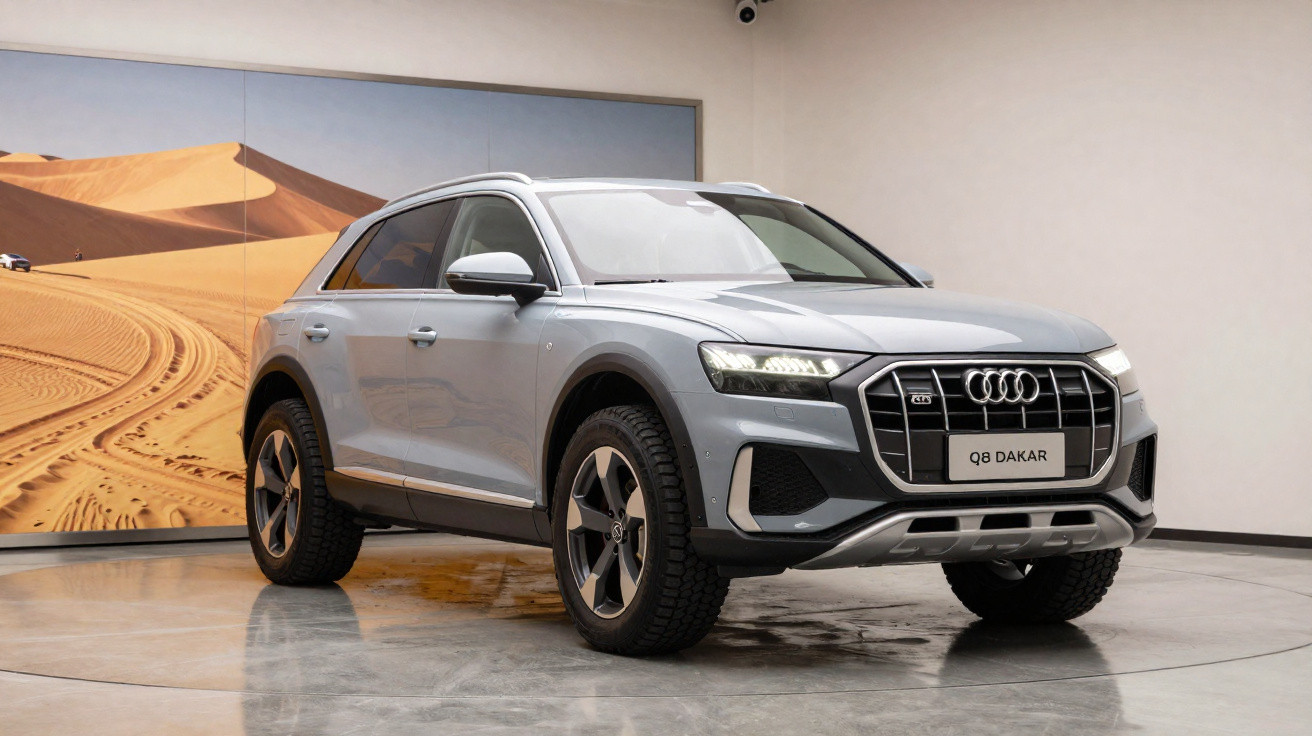Carro Audi Q8 Dakar cinzento exposto em showroom com imagem de dunas no fundo.