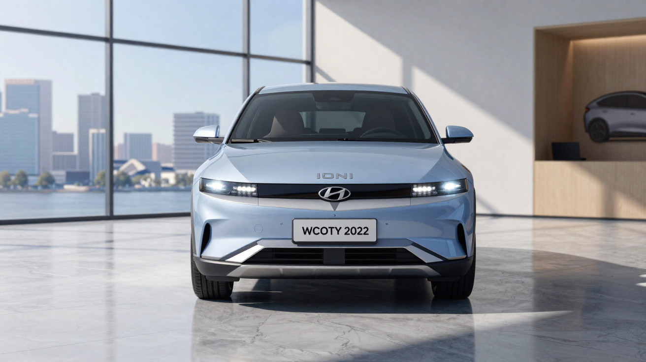 Carro elétrico Hyundai Ioniq 5 prata, visto de frente, numa sala moderna com janelas grandes e vista urbana.