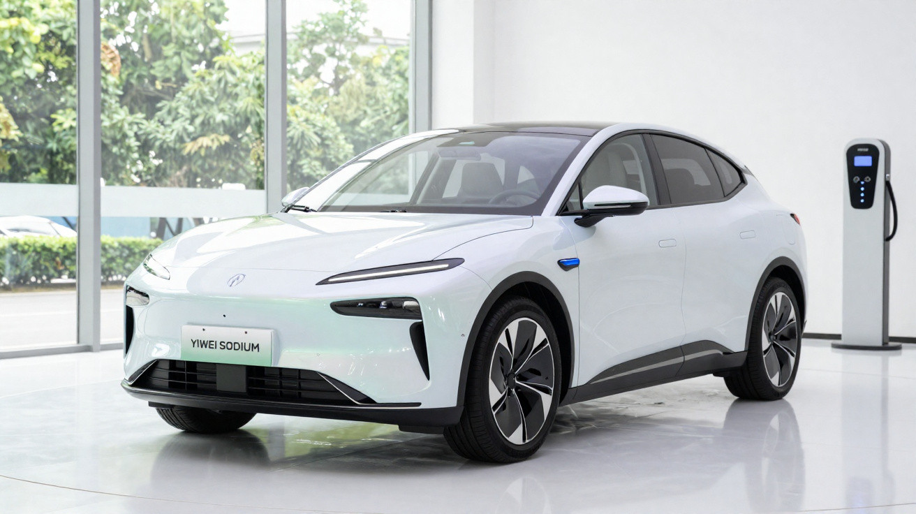 Carro elétrico branco Yiwei Sodium estacionado em interior moderno junto a estação de carregamento.