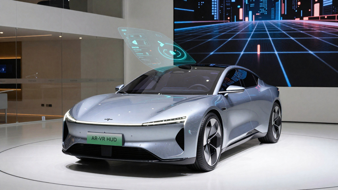 Carro elétrico cinza futurista exibido em exposição com interface AR projetada no para-brisas.