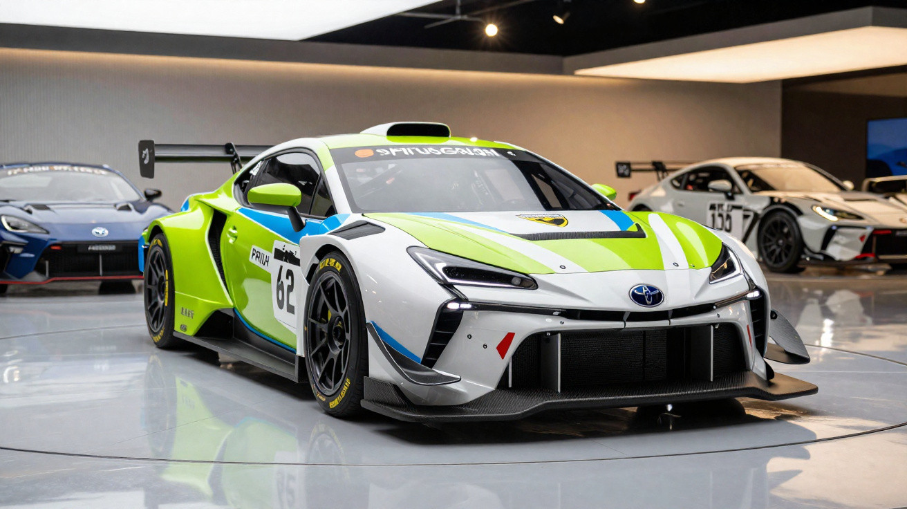 Carro de corrida Toyota GR GT3 verde e branco numa sala com outros carros desportivos ao fundo.