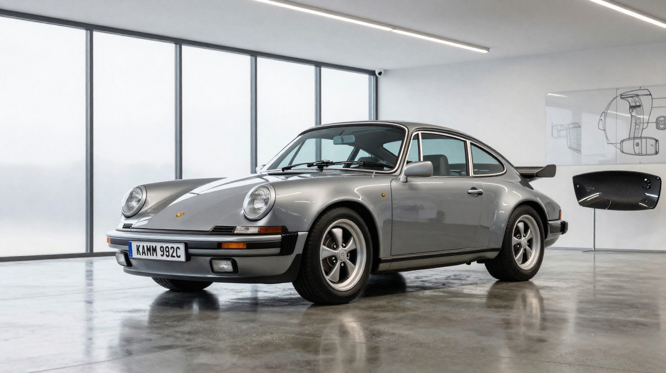 Carro desportivo clássico Porsche 911 cinzento estacionado num interior com janelas amplas e luz natural.