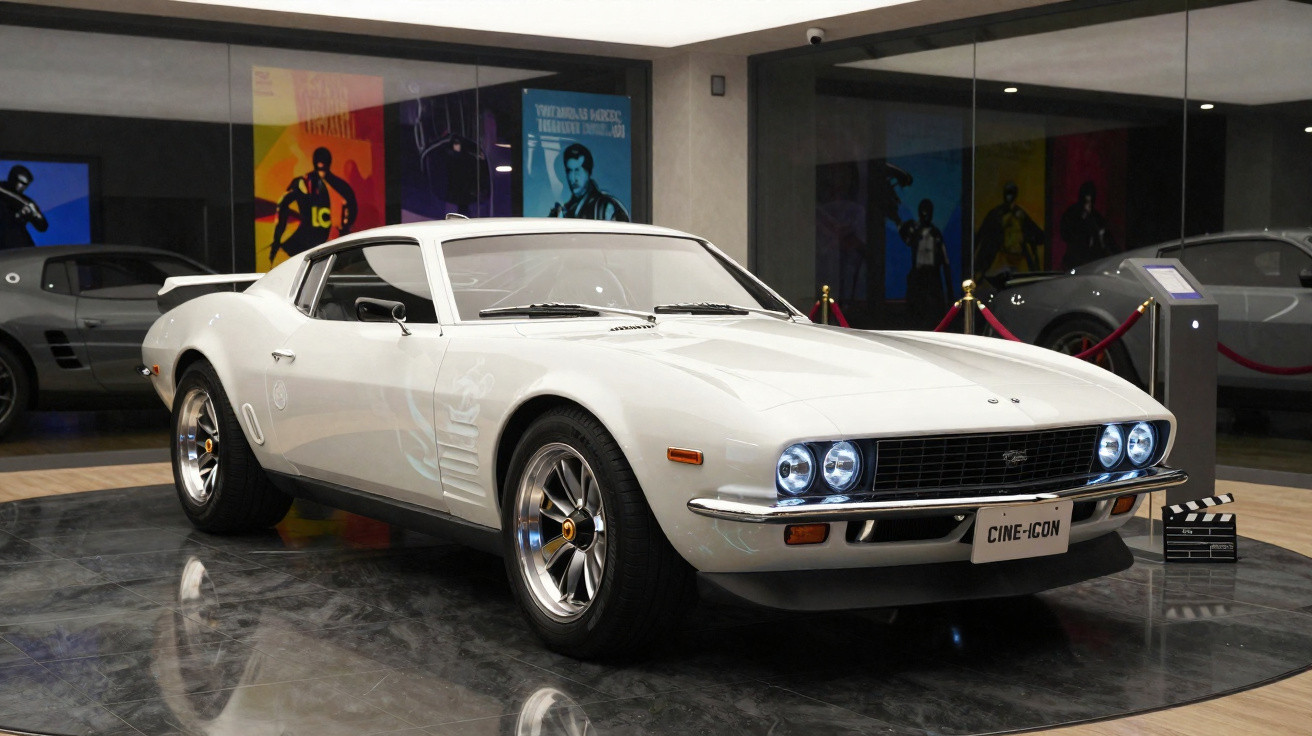 Carro desportivo clássico branco exposto em museu com cartazes de filmes ao fundo.