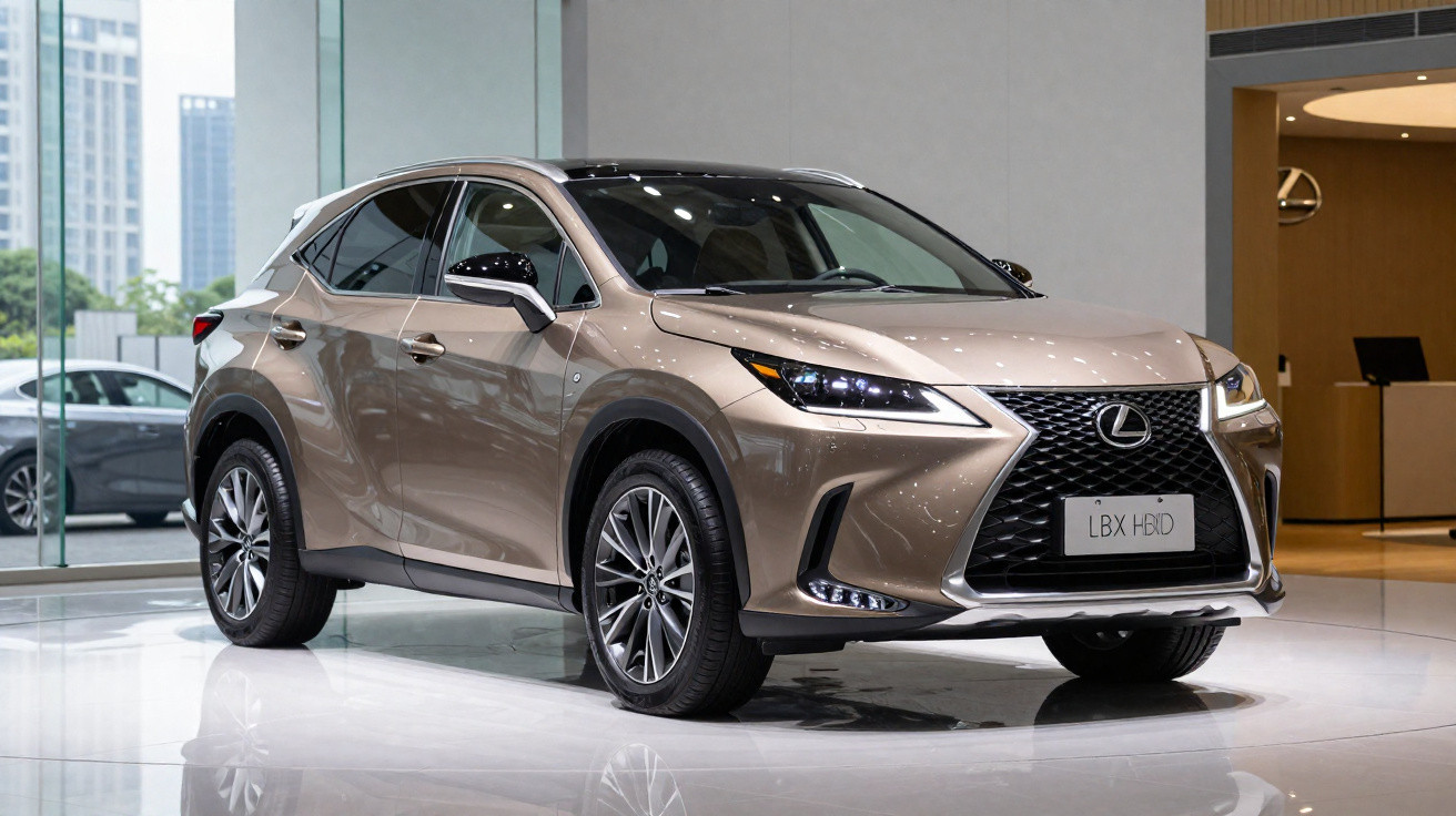 Carro SUV Lexus híbrido estacionado em showroom moderno com luz natural e reflexos no chão.