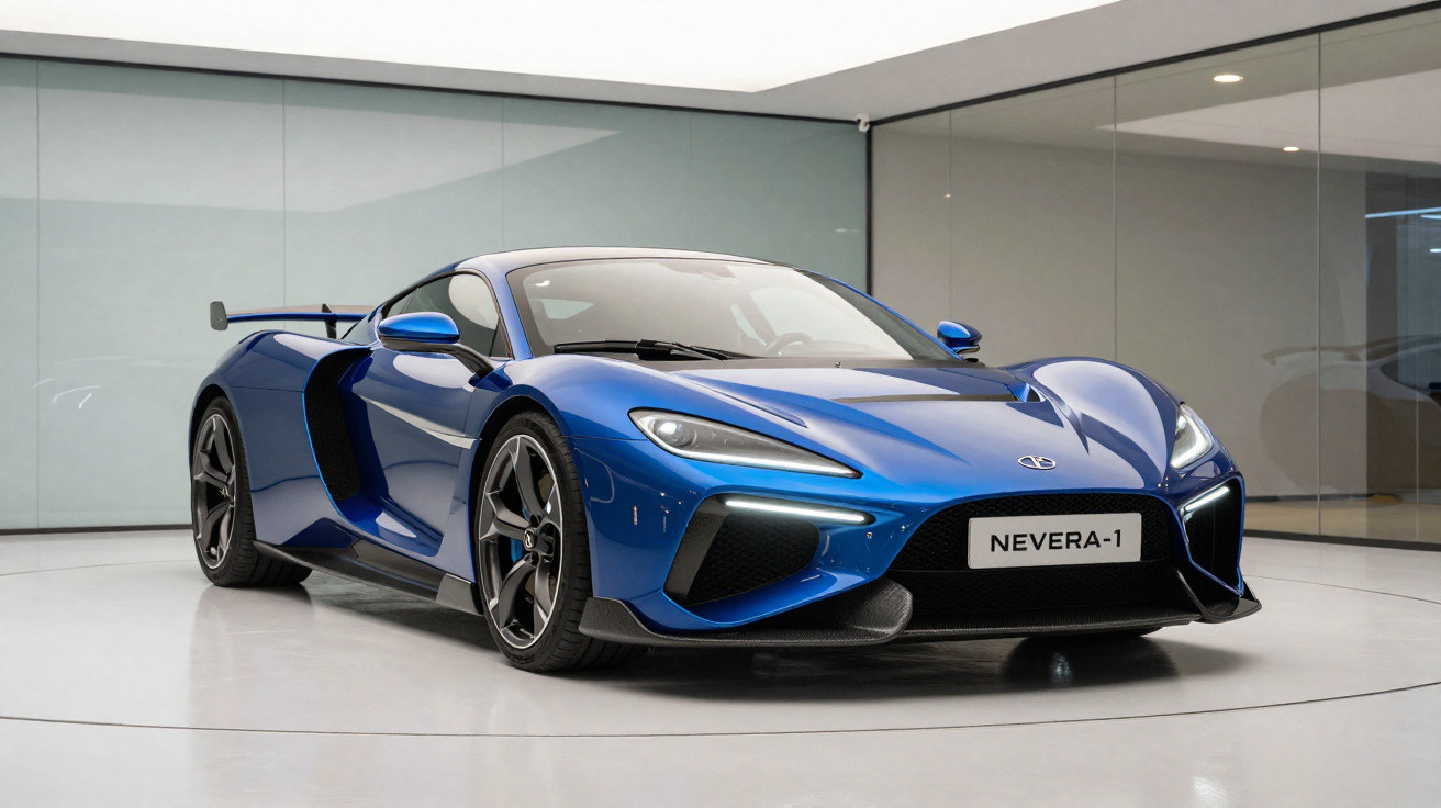 Carro desportivo azul elétrico Nevera-1 em exposição num espaço moderno com paredes de vidro.