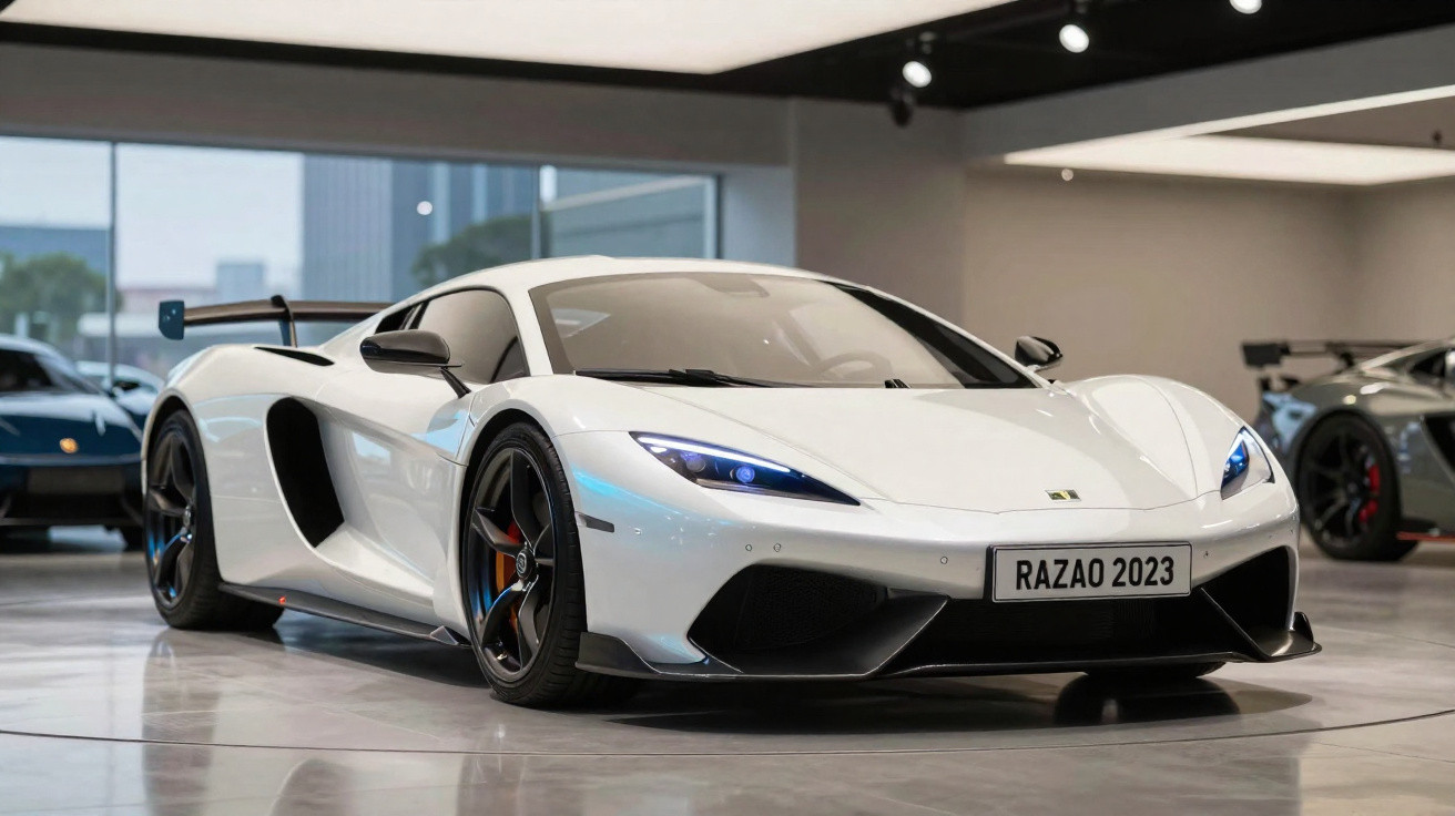 Carro desportivo branco com faróis azuis e placa "RAZAO 2023" em exposição interior moderna.