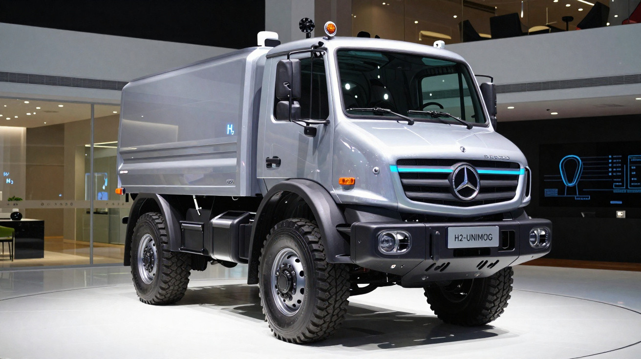 Camião Mercedes-Benz Unimog H2 prateado exposto em showroom moderno com iluminação interior.