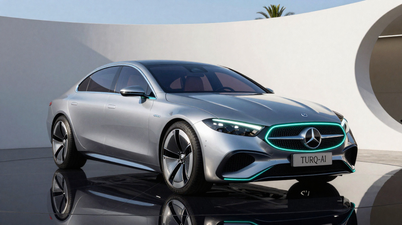 Carro eléctrico Mercedes-Benz prata estacionado em ambiente moderno com reflexos no chão preto.