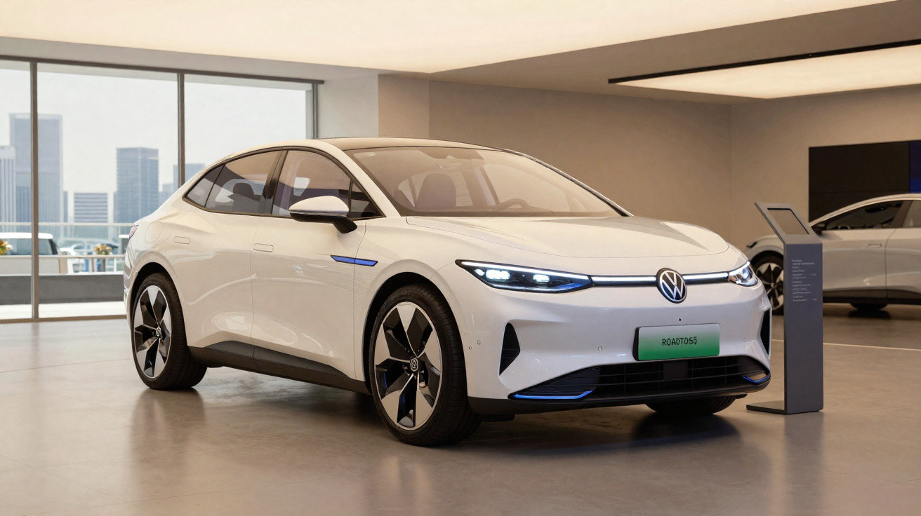 Carro elétrico branco Volkswagen ID. Aero exposto em sala moderna com janelas amplas e vista urbana ao fundo.