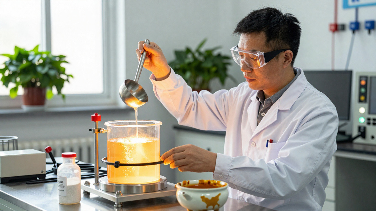 Cientista asiático de óculos de proteção e bata branca a verter líquido iluminado no laboratório.