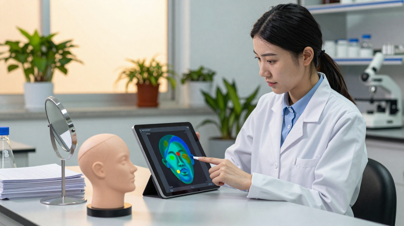 Investigadora com bata branca analisa imagem térmica facial num tablet, em laboratório com manequim e microscópio.