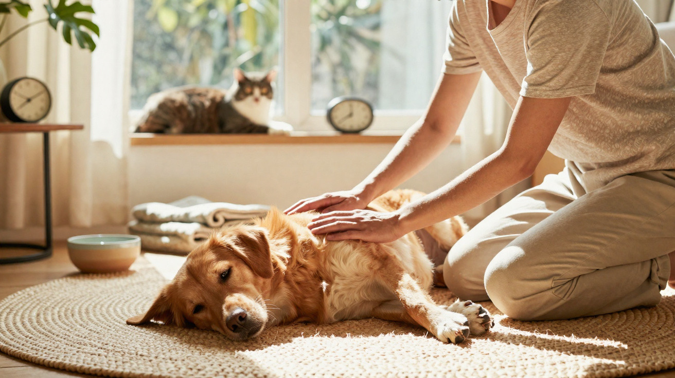 Pessoa a fazer massagem num cão deitado num tapete redondo com um gato na janela ao fundo.