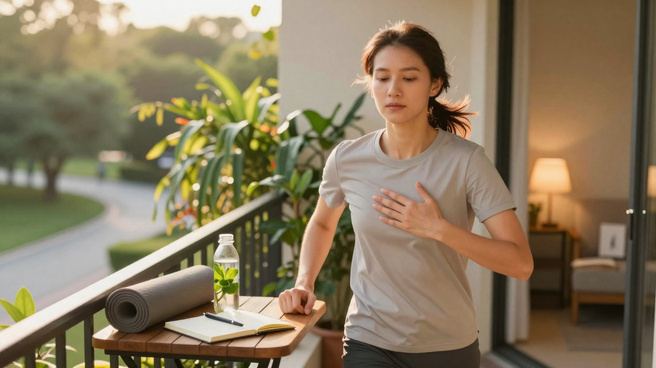 Mulher a praticar corrida num terraço ao ar livre durante o pôr do sol, com garrafa de água e tapete de yoga.