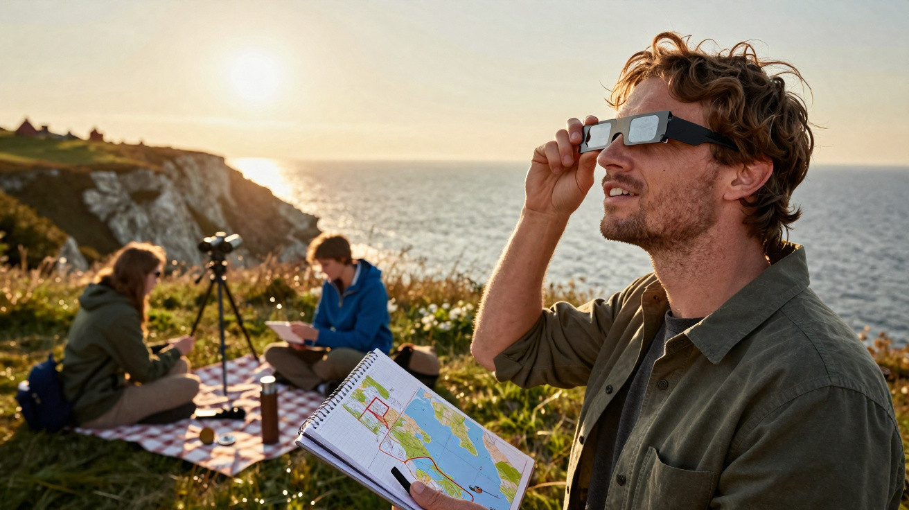 Homem com óculos de observação solar examina o céu enquanto outros descansam numa manta perto do mar ao pôr do sol.