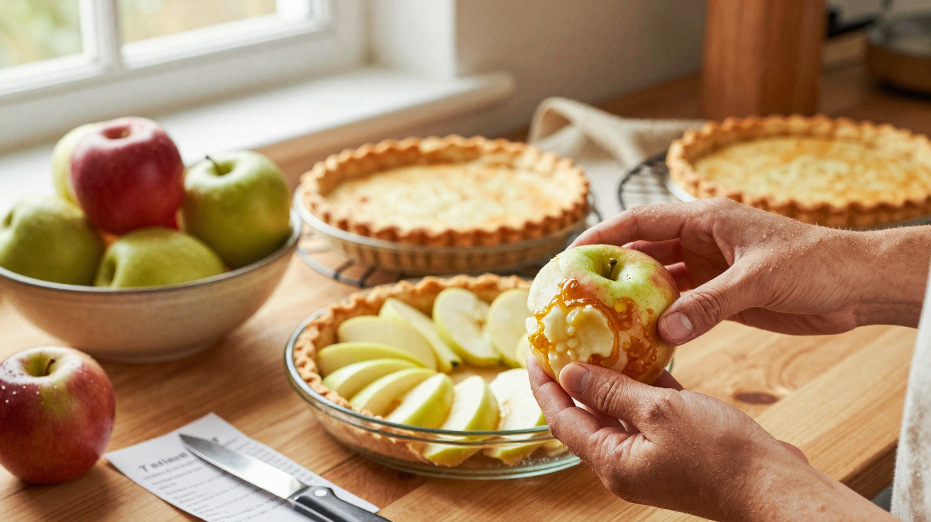 Pessoa a descascar uma maçã verde com caramelo, perto de tarteiras com tortas e maçãs numa bancada de cozinha.