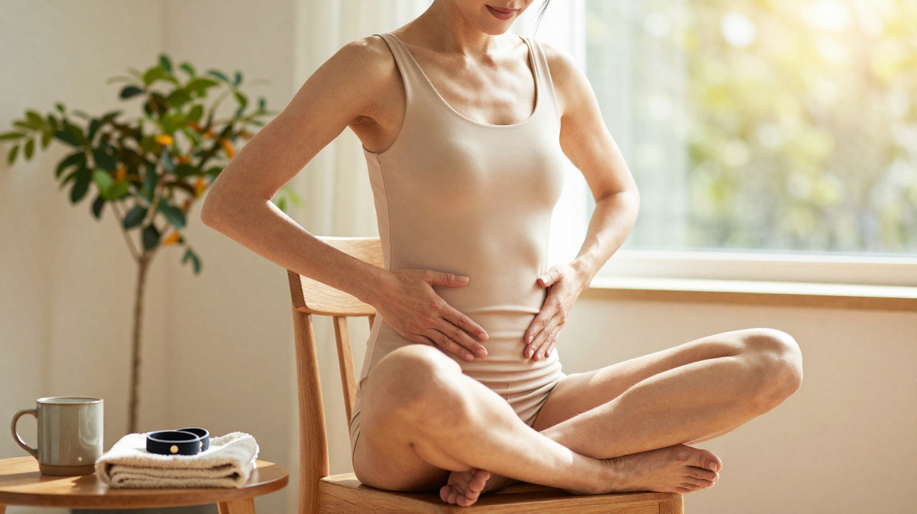 Mulher sentada em cadeira, com pernas cruzadas, a tocar a barriga num ambiente luminoso e tranquilo.