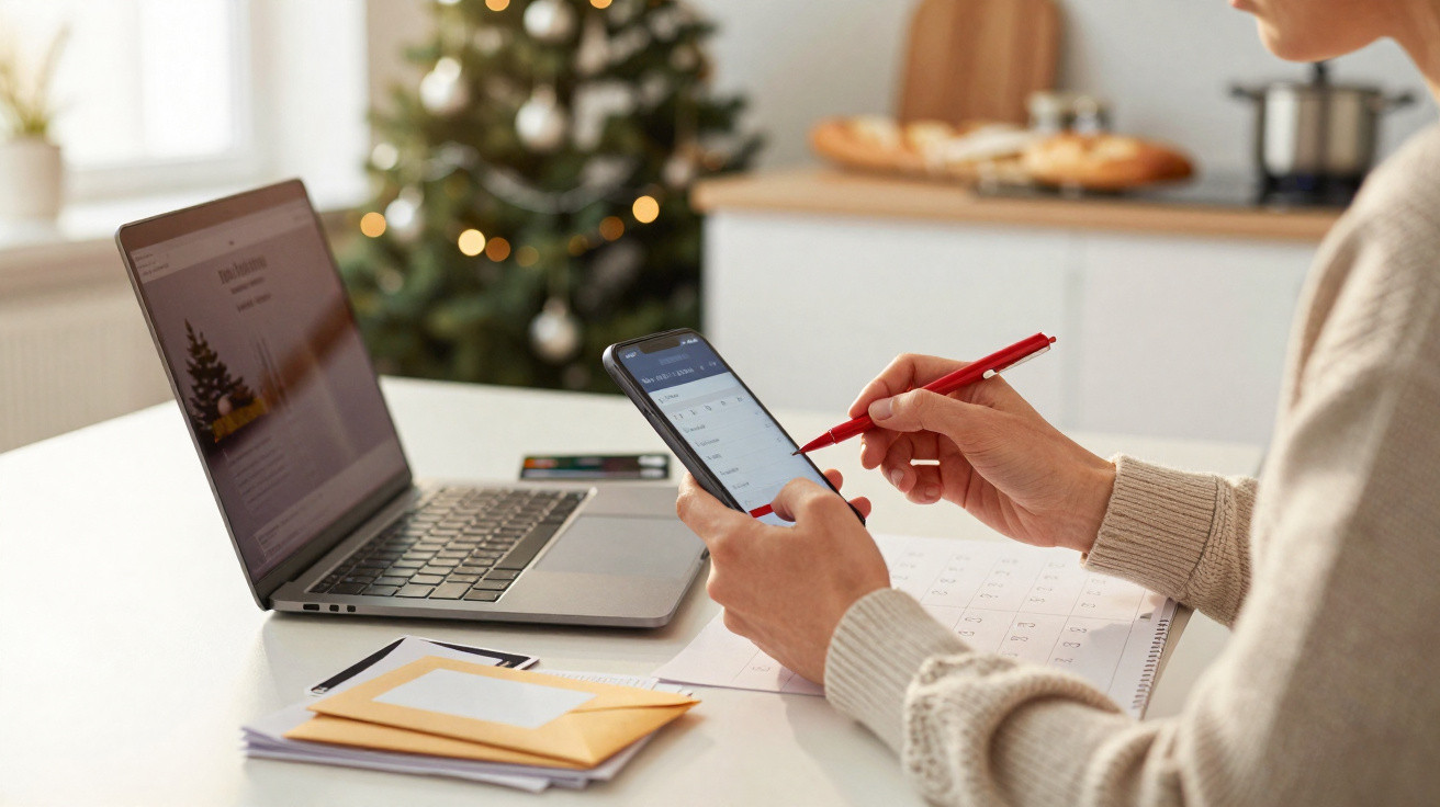 Pessoa a gerir finanças em telemóvel com computador e envelopes sobre a mesa, árvore de Natal desfocada ao fundo.