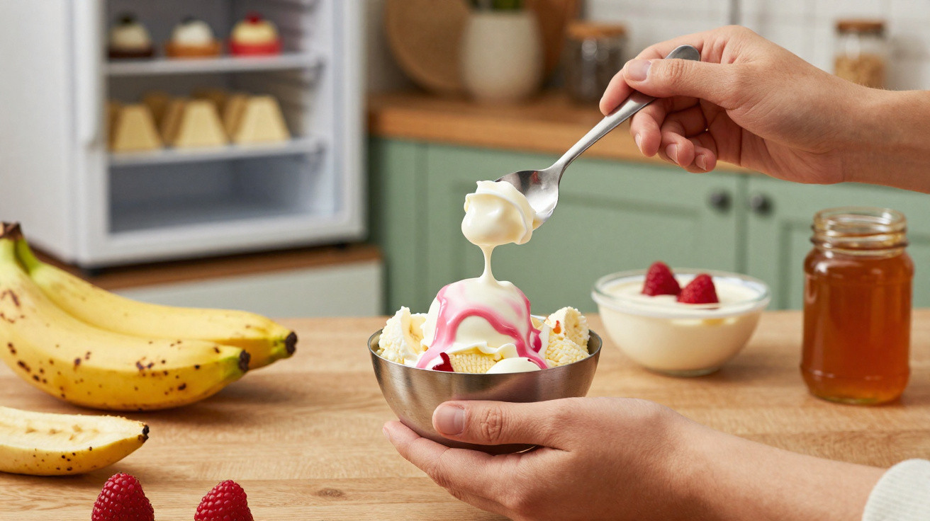 Pessoa a servir iogurte com frutos vermelhos e bananas numa taça metálica numa cozinha.