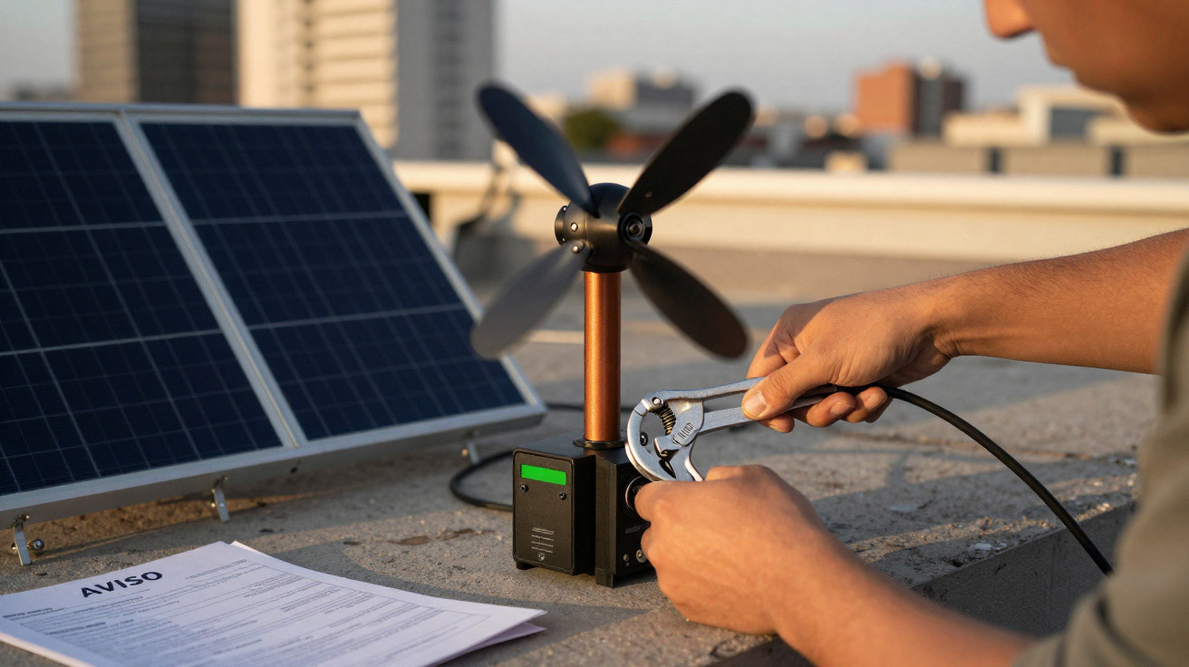 Pessoa a montar pequeno aerogerador perto de painéis solares num telhado urbano.