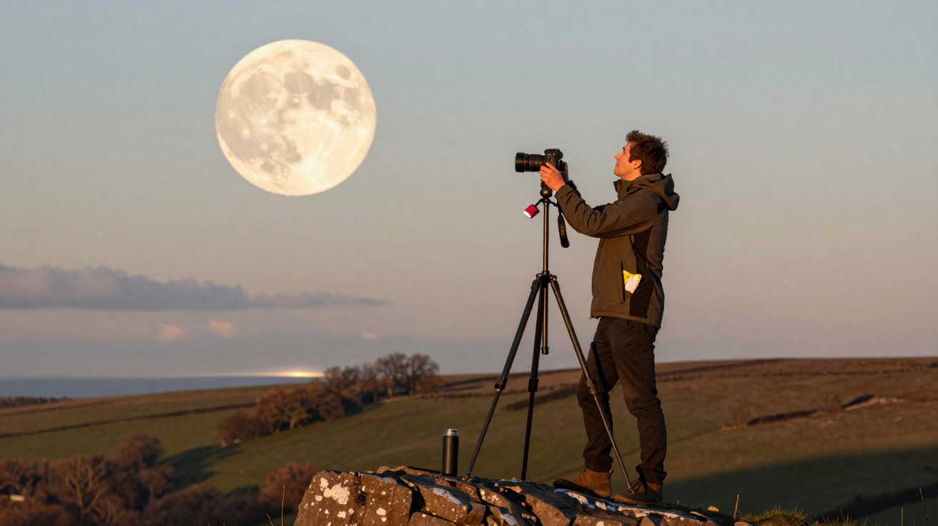 Fotógrafo ajusta câmara num tripé ao ar livre durante o pôr do sol com lua cheia visível no céu.