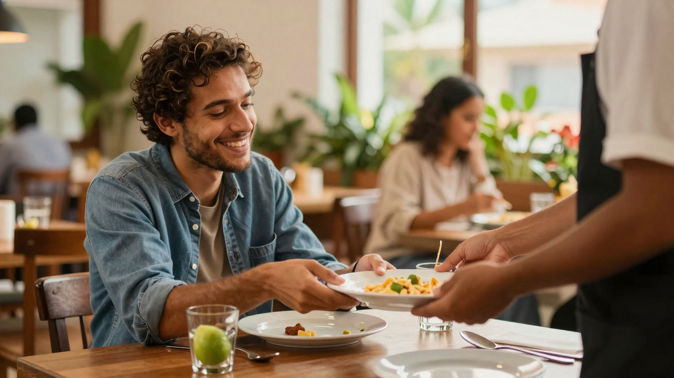 Homem sorridente a receber um prato de comida num restaurante acolhedor.