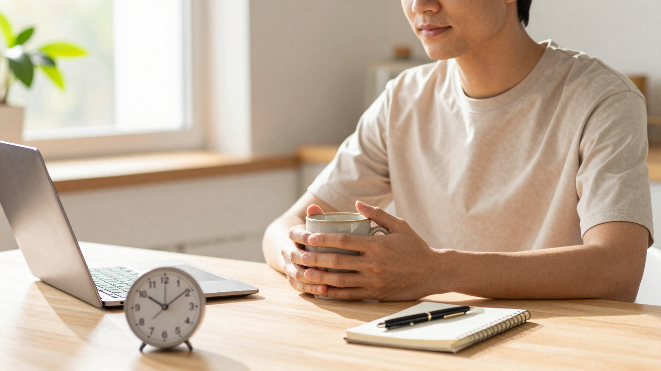 Homem sentado à mesa com chá, laptop, despertador e caderno num ambiente iluminado pela janela.