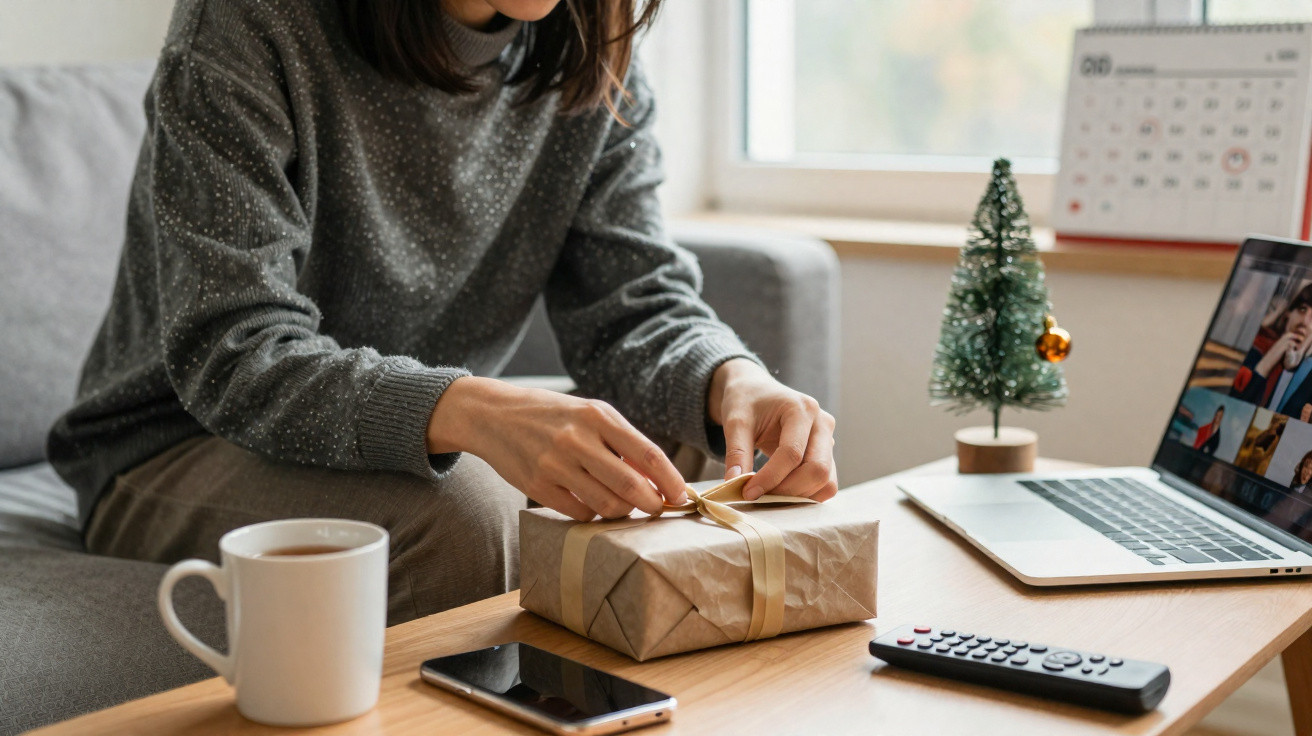 Pessoa a embrulhar presente em papel castanho numa mesa com chávena, telemóvel, comando, laptop e mini árvore de Natal.