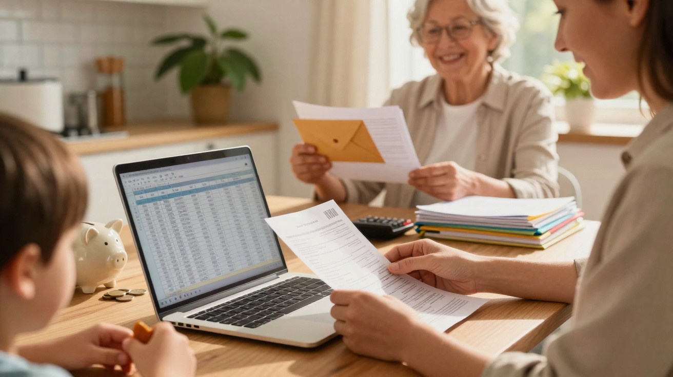 Três gerações a analisar documentos e números num laptop, com mealheiro e calculadora na mesa.