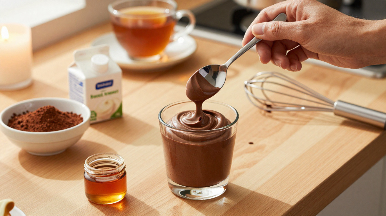 Mão segurando colher a mexer mousse de chocolate em copo, com ingredientes e utensílios na bancada de madeira.