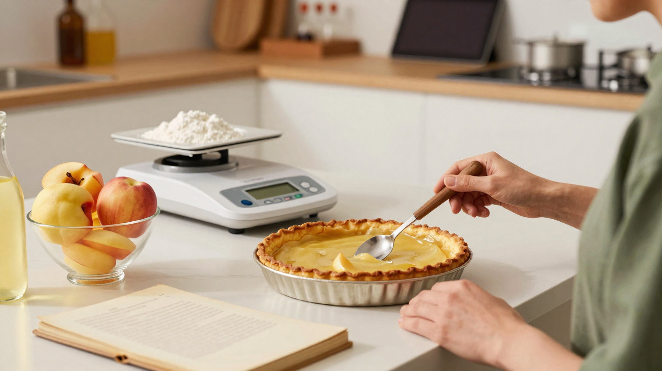 Pessoa a colher recheio de tarte de maçã numa cozinha com ingredientes e livro de receitas sobre a bancada.