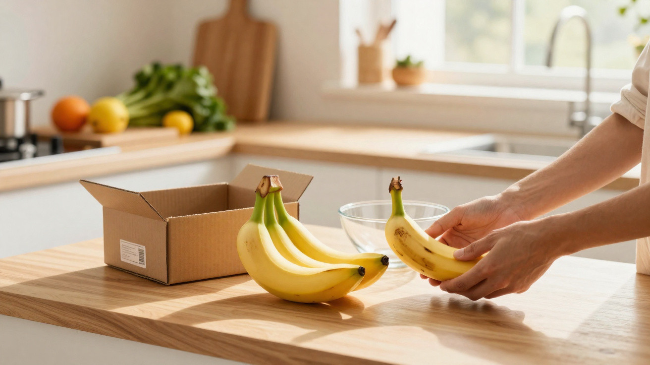Pessoa a pegar bananas amarelas sobre bancada de cozinha com caixa de cartão aberta ao lado.