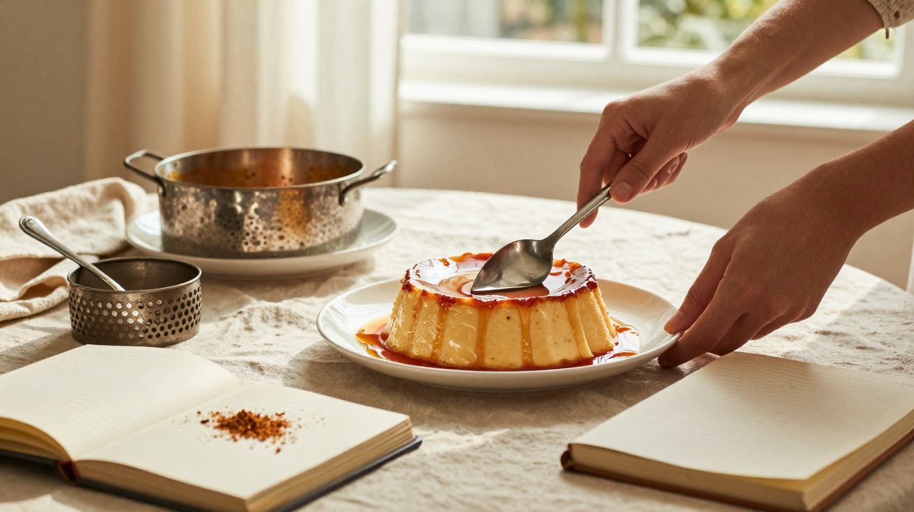 Mãos a servir pudim com molho caramelo numa sala iluminada, com livros e utensílios na mesa.