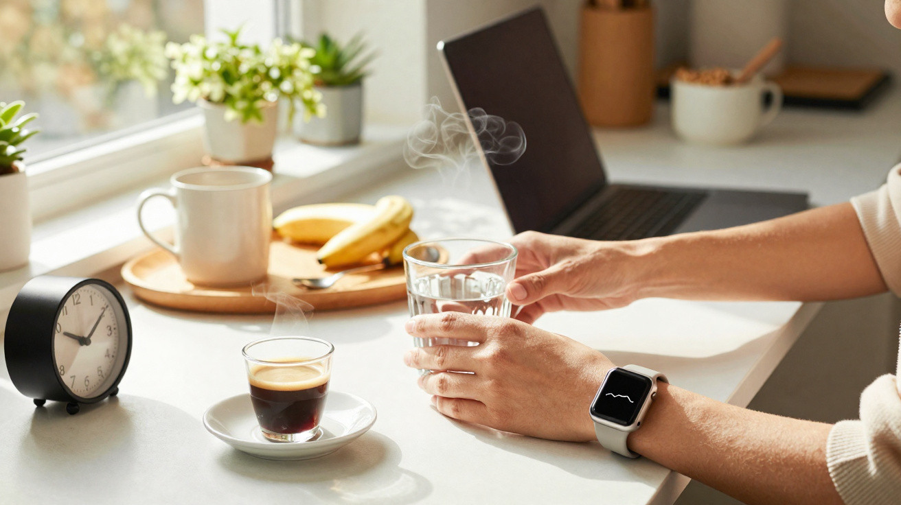 Mesa branca com relógio, chávena de café, copo de água nas mãos de uma pessoa junto a computador portátil.