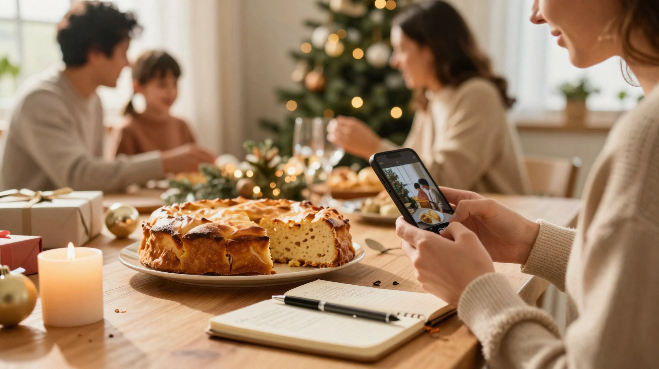 Pessoa a tirar foto de bolo de Natal na mesa com família decorada com árvore e velas ao fundo.